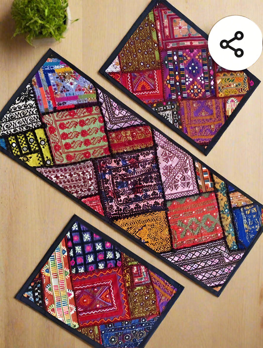 EMBROIDRED SINDHI DESIGN TABLE RUNNER AND PLACE MATS - SET OF 3 - JAG Universal Collection 