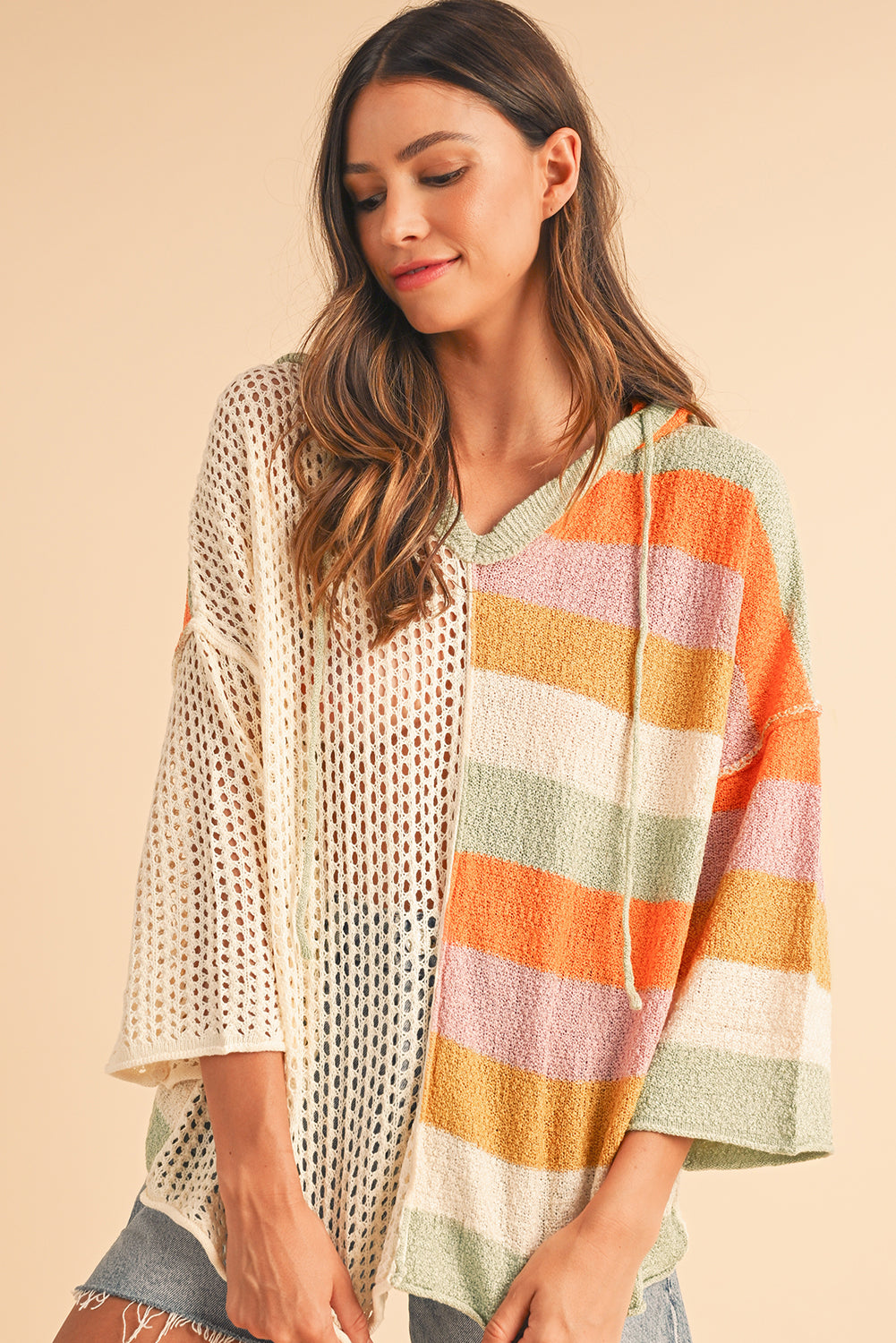 Oversized Colorblock V-Neck Hooded Sweater for Women – Lightweight Knit Pullover, Casual Boho Striped Hoodie Top