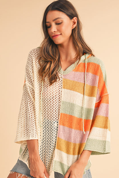 Oversized Colorblock V-Neck Hooded Sweater for Women – Lightweight Knit Pullover, Casual Boho Striped Hoodie Top