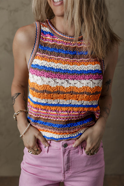 oho Crochet Knit Tank Top – Multicolor Striped Summer Sweater Vest