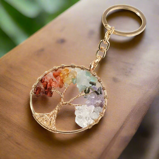TREE OF LIFE KEY CHAIN - NATURAL STONES AND GOLD