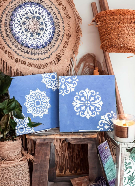 Azure Folk Tiles – 12" x 12" Mixed Media Wooden Panel Set - SOLD