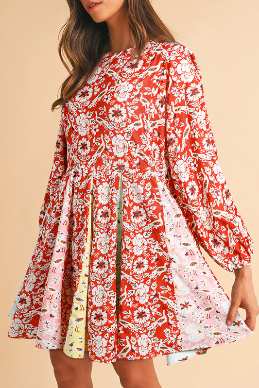 Red Floral Patchwork Mini Dress Long Sleeve Pleated Boho Casual Loose Fit Women’s Dress