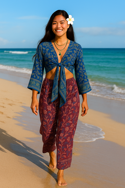 WOMEN'S BELL SLEEVE HAWAIIAN SILK BLOUSE - ONE SIZE - JAG Universal Collection 
