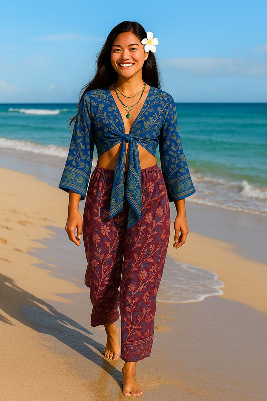 WOMEN'S BELL SLEEVE HAWAIIAN SILK BLOUSE - ONE SIZE - JAG Universal Collection 