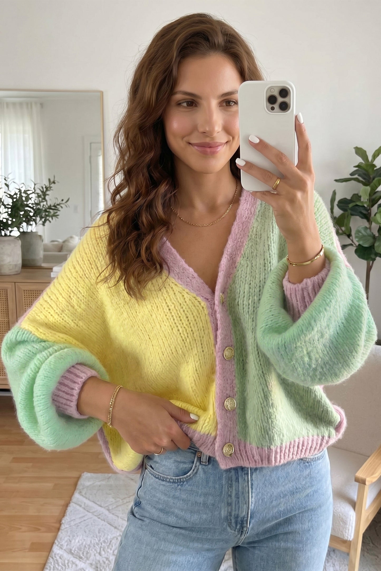 Women’s Yellow Colorblock V-Neck Button Cardigan
