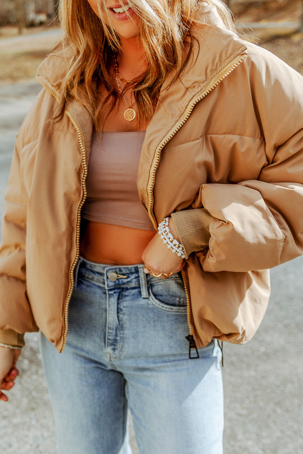 Women’s Brown Zip Up Puffer Jacket – Warm Quilted Coat with Pockets for Fall & Winter