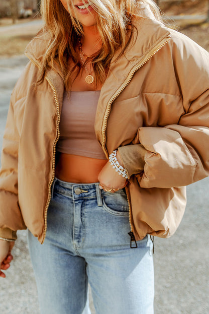 Women’s Brown Zip Up Puffer Jacket – Warm Quilted Coat with Pockets for Fall & Winter