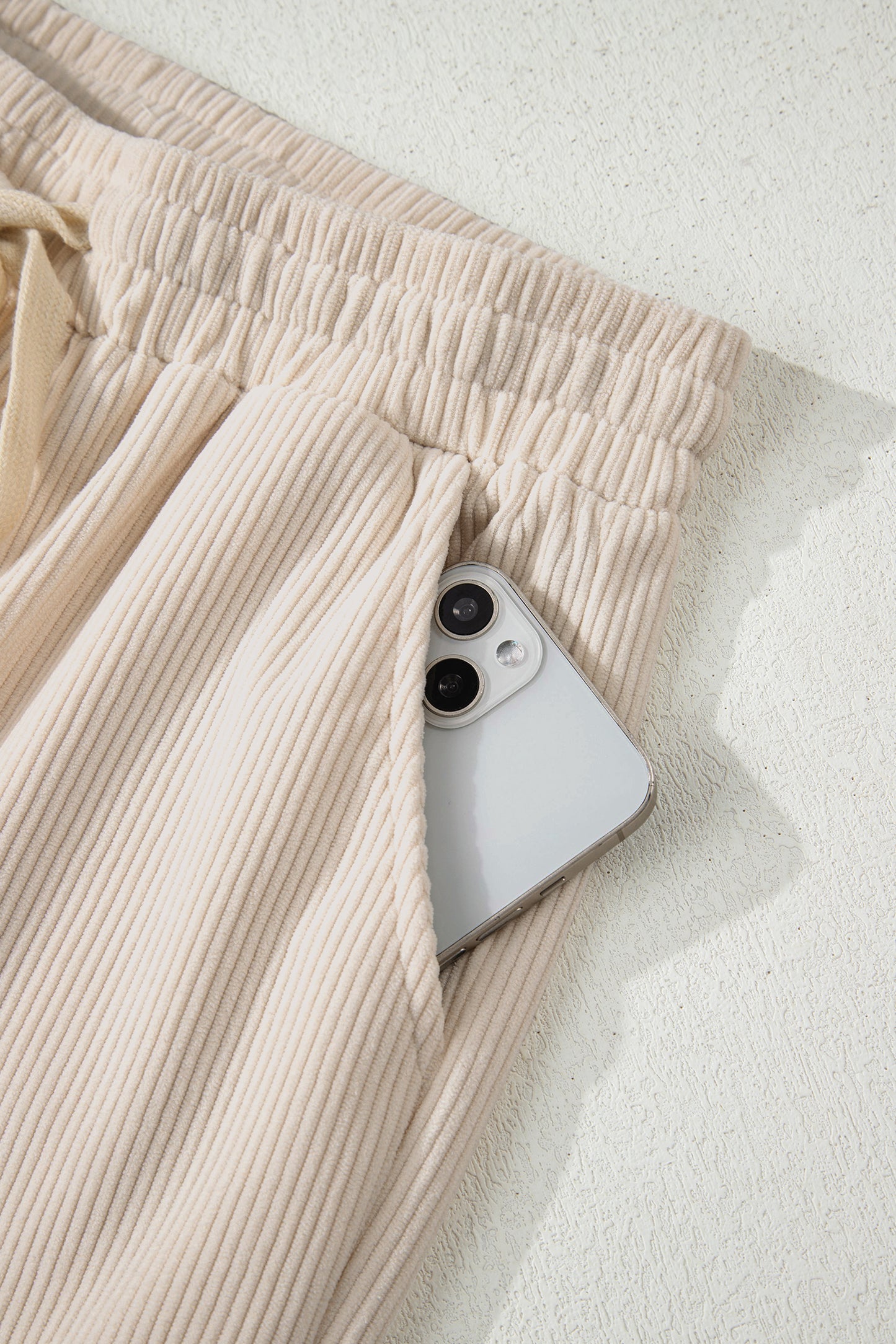 Women’s Corduroy Drawstring Lounge Pants –White  High-Waisted Soft Casual Trousers