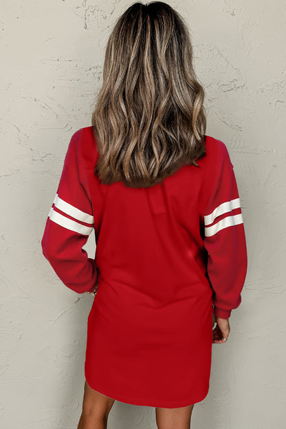 Fiery Red Striped Sleeve Sweatshirt Mini Dress – Casual Loose Fit with Pockets