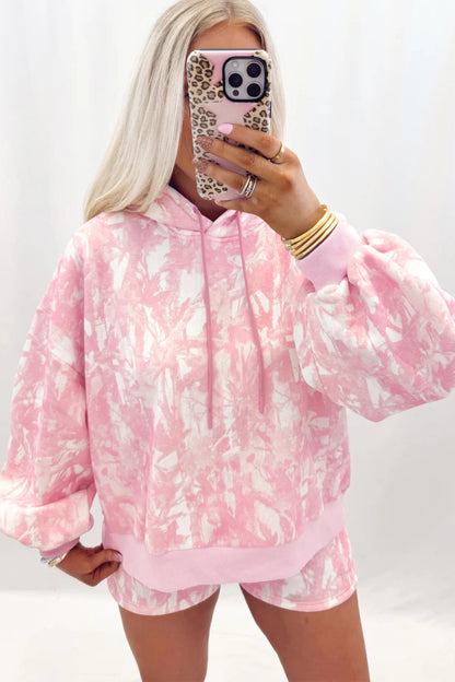 Pink Abstract Print Hoodie & Shorts Lounge Set | Women's Casual Two-Piece Outfit