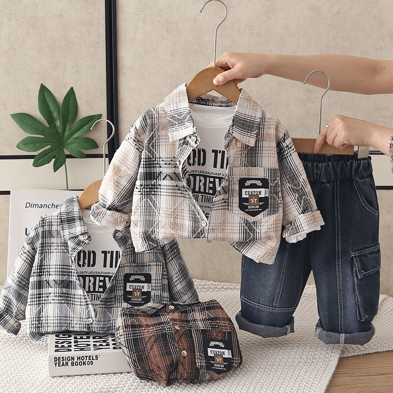 Baby plaid shirt three piece set for children