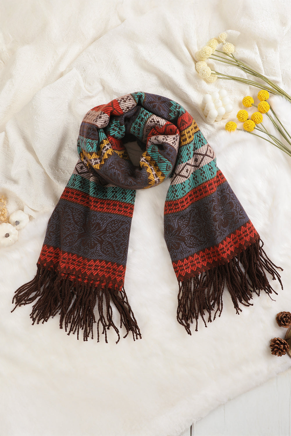 Light Blue Ethnic Print Tassel Trim Shawl Scarf