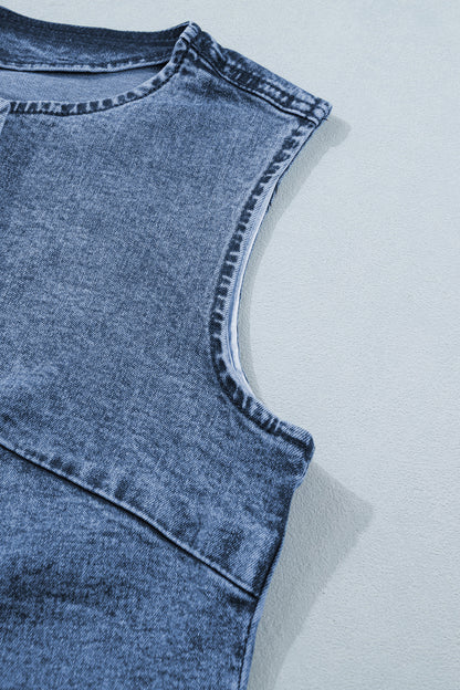 Women’s Blue Denim Vest – Sleeveless Button Down Long Vest with Side Slits for Spring Layering