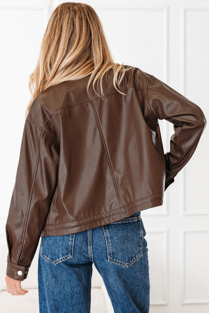 Chicory Coffee PU Leather Drawstring Jacket – Double Flap Pocket Utility Shacket for Women