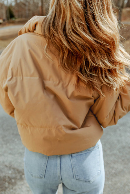Women’s Brown Zip Up Puffer Jacket – Warm Quilted Coat with Pockets for Fall & Winter