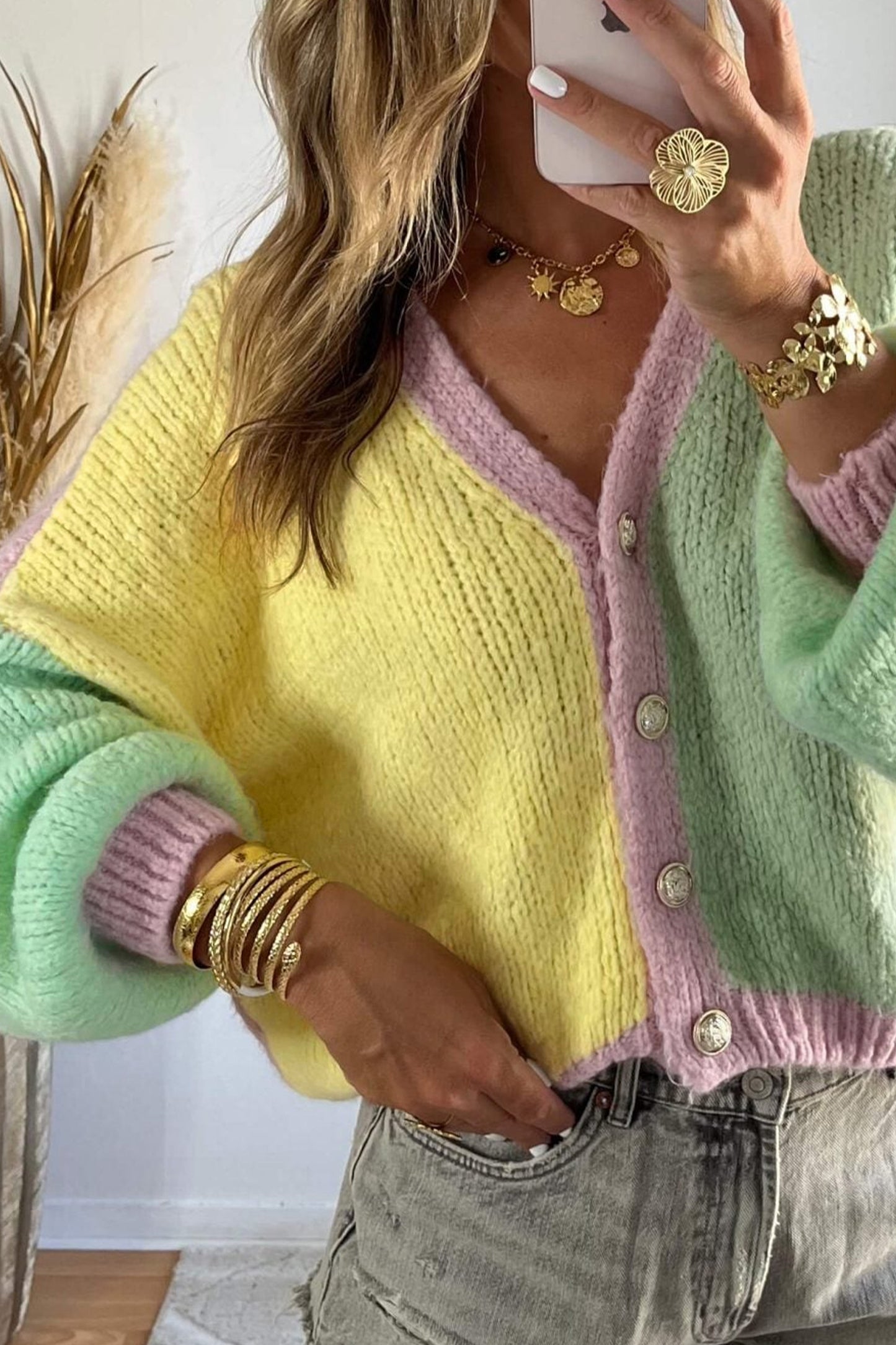 Women’s Yellow Colorblock V-Neck Button Cardigan
