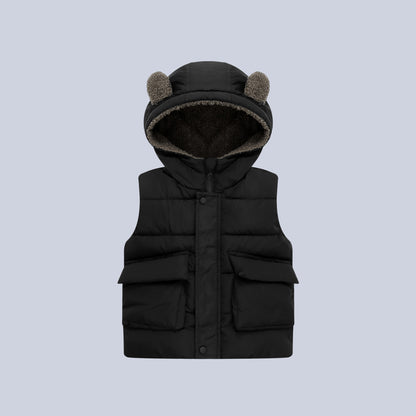Fleece-Lined Warm Kids Vest, Solid Color Cute Hooded Kids Vest Sleeveless Vest