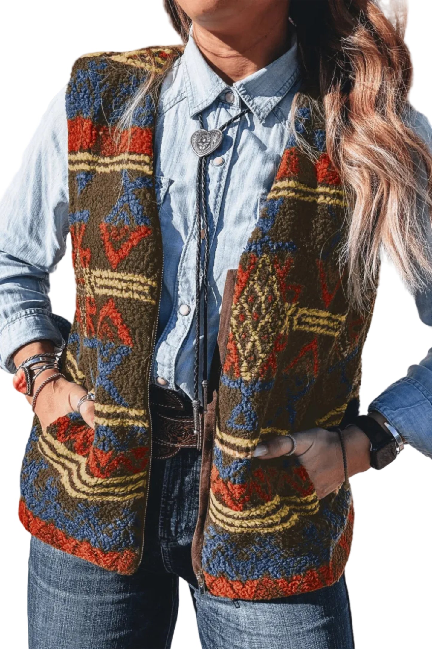 Women’s Western Aztec Print Faux Fur Vest with Pockets