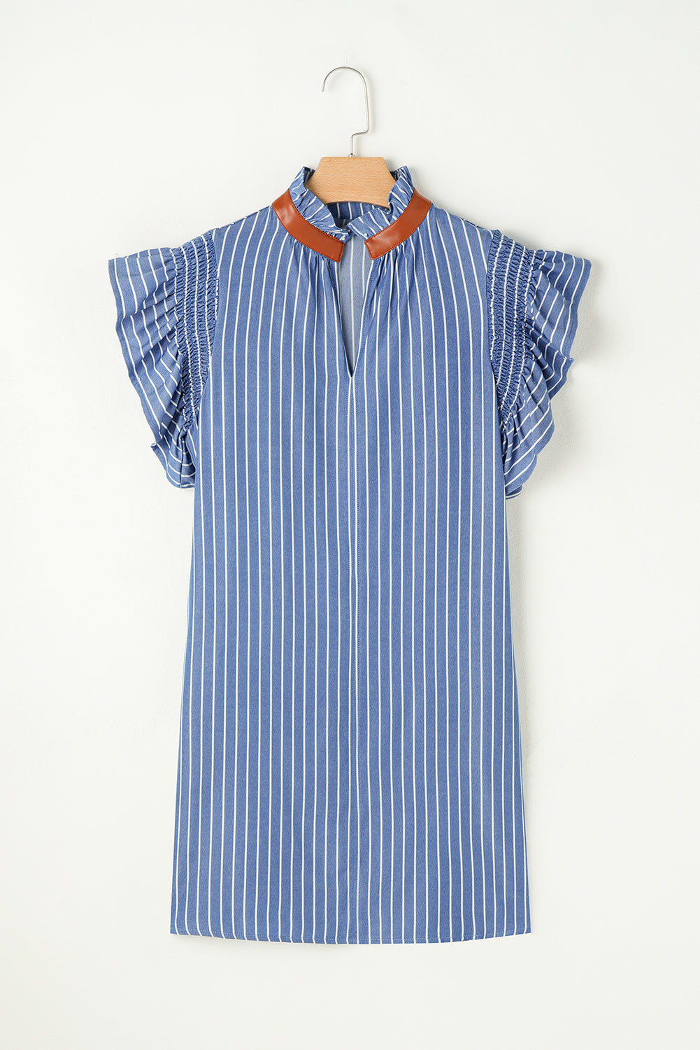 Sky Blue Stripe Frilly Split Neck Shirred Ruffle Sleeve Mini Shift Dress