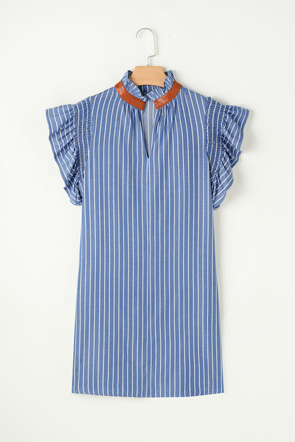 Sky Blue Stripe Frilly Split Neck Shirred Ruffle Sleeve Mini Shift Dress