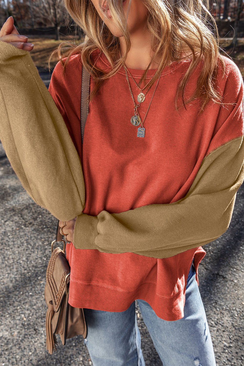 Women’s Colorblock Patchwork Sweatshirt – Gold Flame Drop Shoulder Pullover