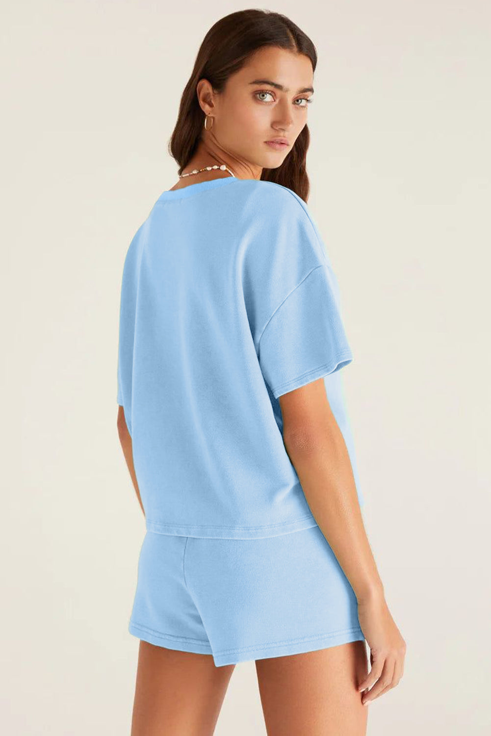 Women’s Light Blue 2 Piece Lounge Set – V Neck Top & Drawstring Shorts Casual Summer Outfit