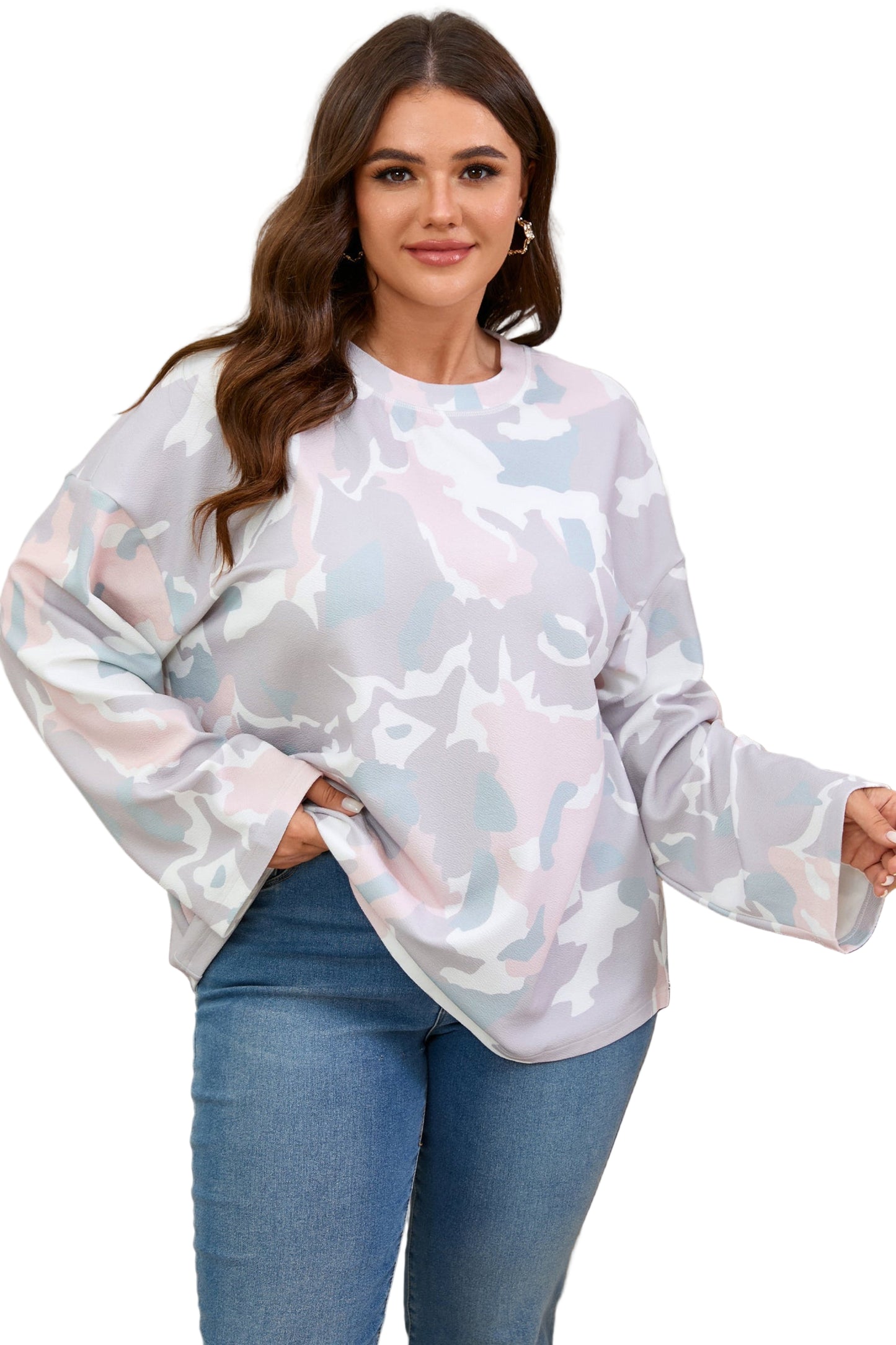 Plus Size Camo Print Long Sleeve Pullover – Drop Shoulder, Loose Fit, 1X–4X