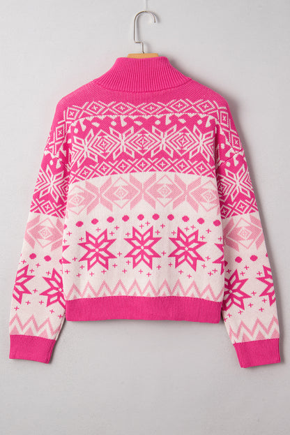Rose Red Snowflake Quarter-Zip Collared Sweater – Cozy Holiday Knit Pullover for Women