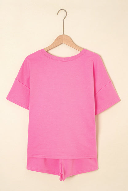 Women’s Pink 2 Piece Lounge Set – V Neck Top & Drawstring Shorts Casual Summer Outfit