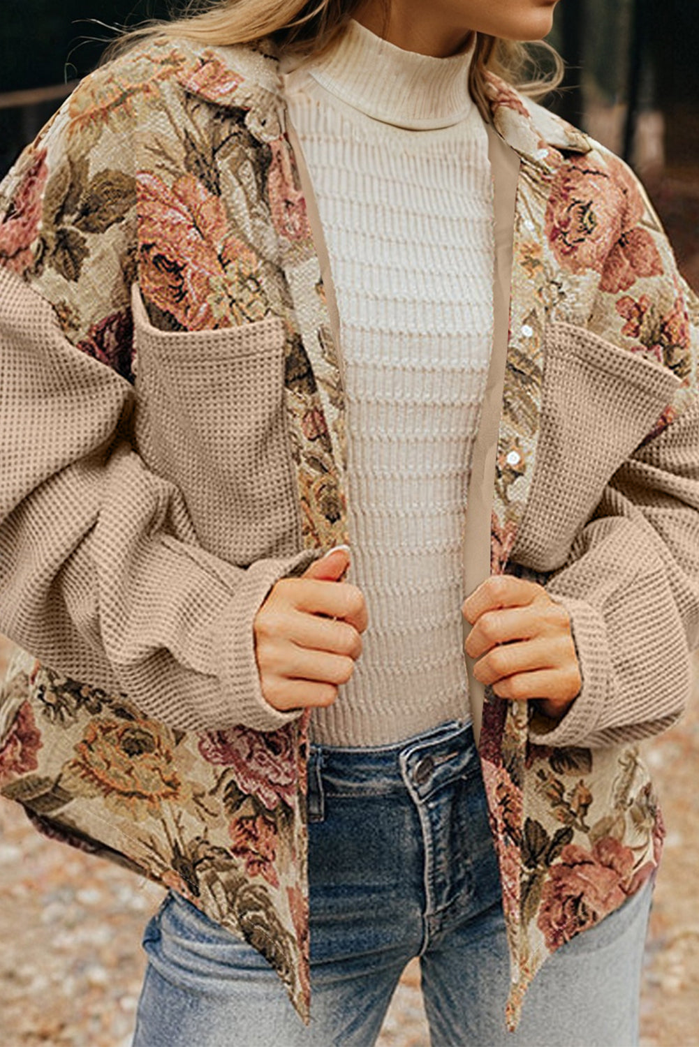 Sophisticated khaki floral patchwork waffle knit jacket with button-down front and pockets. A boho casual outerwear piece perfect for layering.