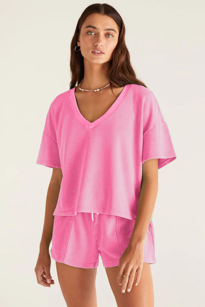 Women’s Pink 2 Piece Lounge Set – V Neck Top & Drawstring Shorts Casual Summer Outfit