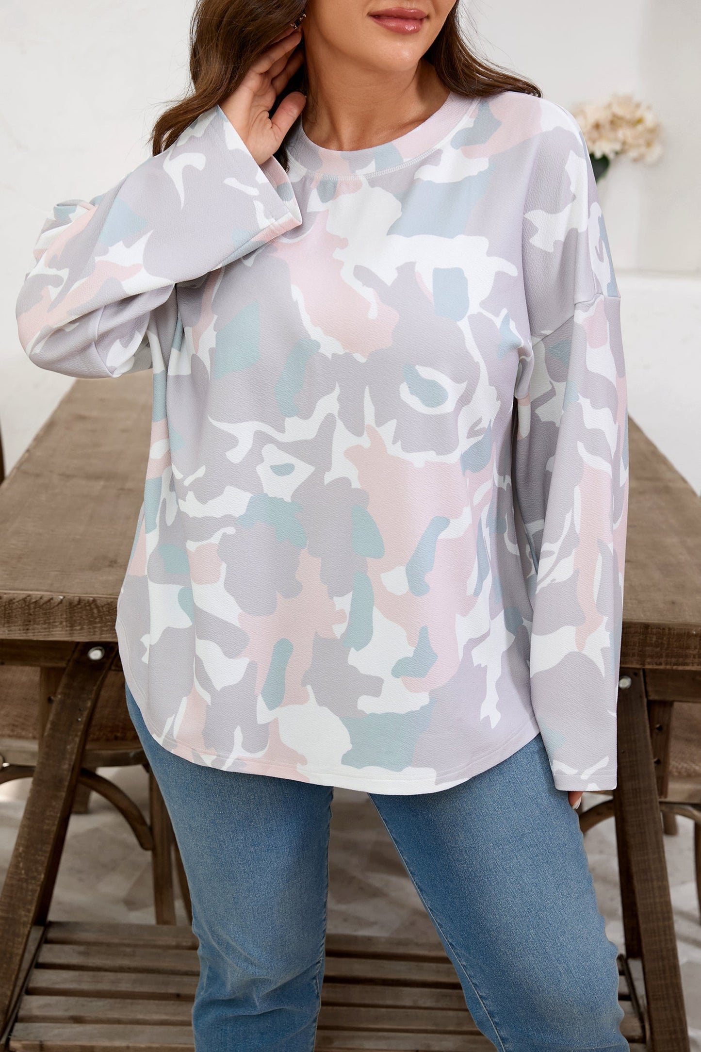 Plus Size Camo Print Long Sleeve Pullover – Drop Shoulder, Loose Fit, 1X–4X