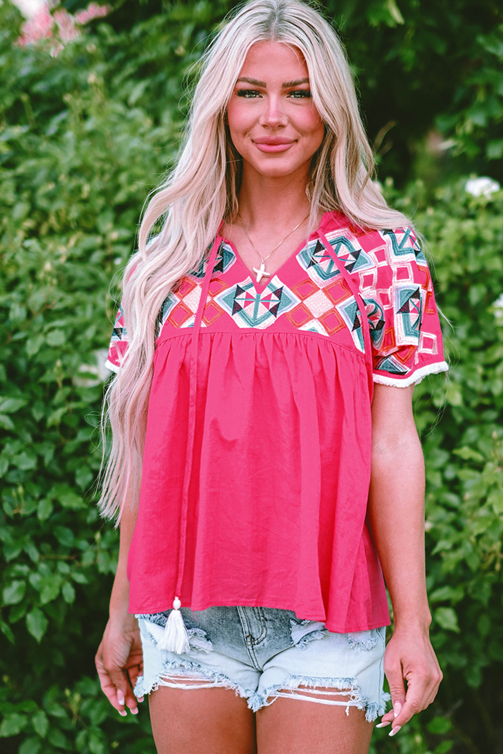 Strawberry Pink Boho Embroidered Blouse – Tassel Tie V-Neck Summer Top