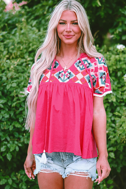 Strawberry Pink Boho Embroidered Blouse – Tassel Tie V-Neck Summer Top