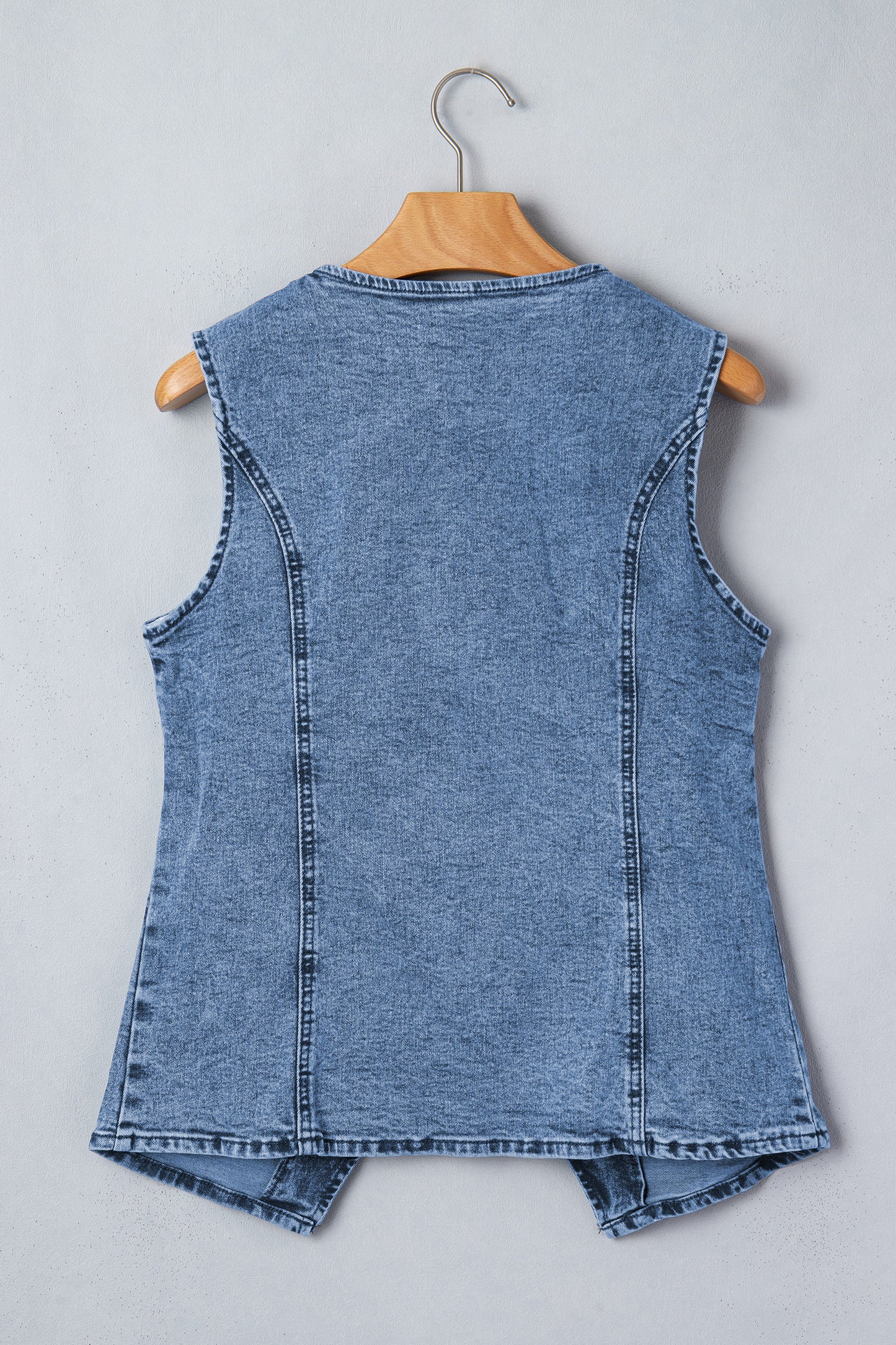 Women’s Blue Denim Vest – Sleeveless Button Down Long Vest with Side Slits for Spring Layering