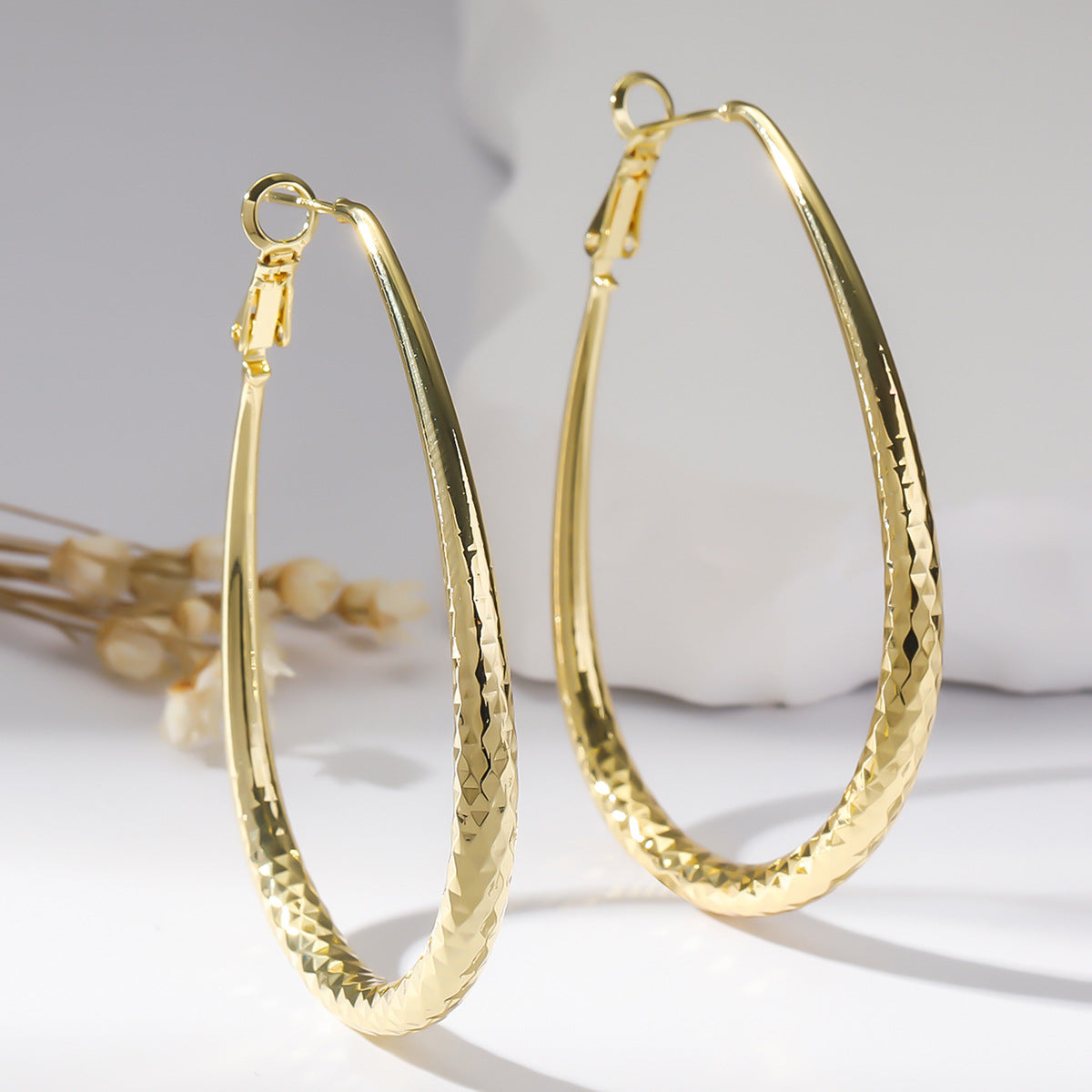 Hammered Oval Hoop Earrings – 54mm Gold Tone Textured Hoops – Lightweight Copper Fashion Earrings for Women
