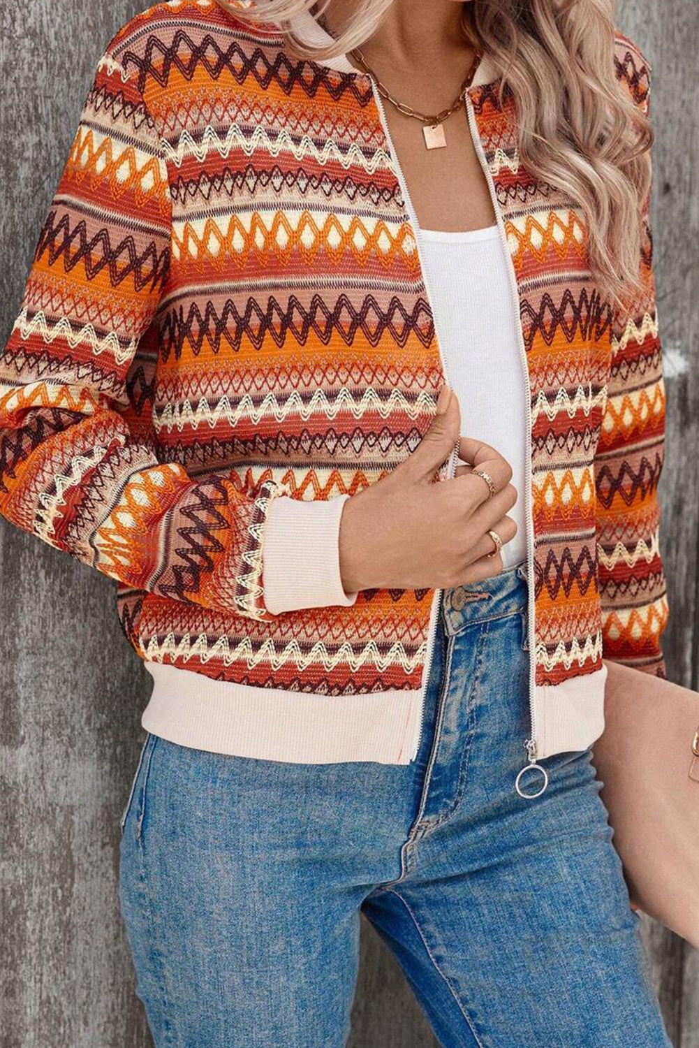 Orange Boho Striped Zip-Up Jacket – Vibrant Fall Layering Piece