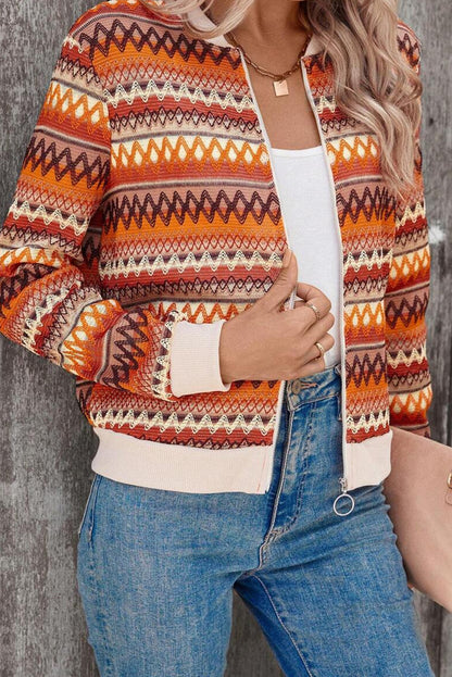 Orange Boho Striped Zip-Up Jacket – Vibrant Fall Layering Piece
