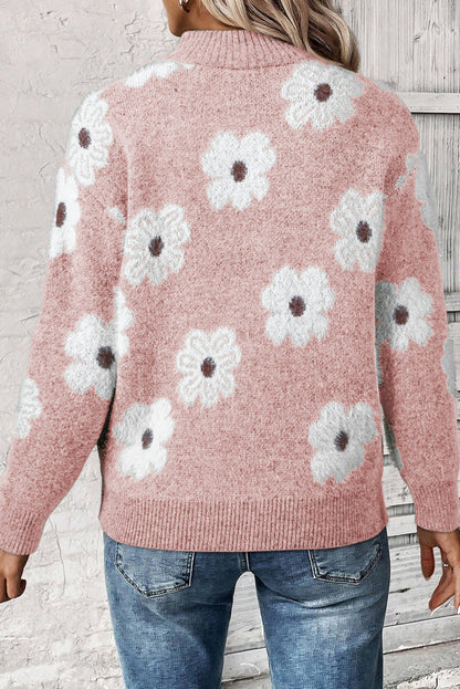 Vintage Pink Floral Half Zip Sweater for Women – 60s Retro Daisy Knit Pullover, Drop Shoulder Cozy Fall & Winter Top