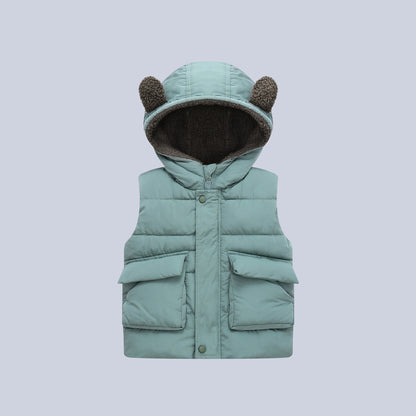Fleece-Lined Warm Kids Vest, Solid Color Cute Hooded Kids Vest Sleeveless Vest