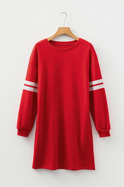 Fiery Red Striped Sleeve Sweatshirt Mini Dress – Casual Loose Fit with Pockets