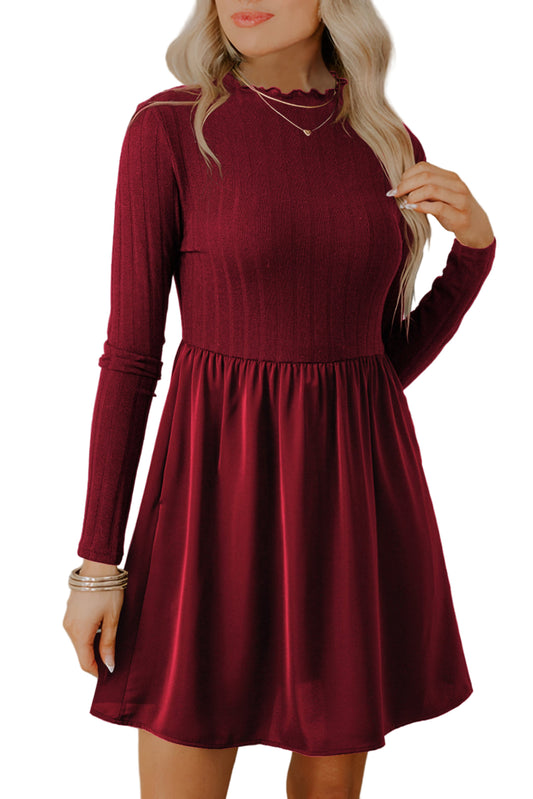 Red Dahlia Frilled Neck Ribbed Knit Patchwork Long Sleeve Mini Dress