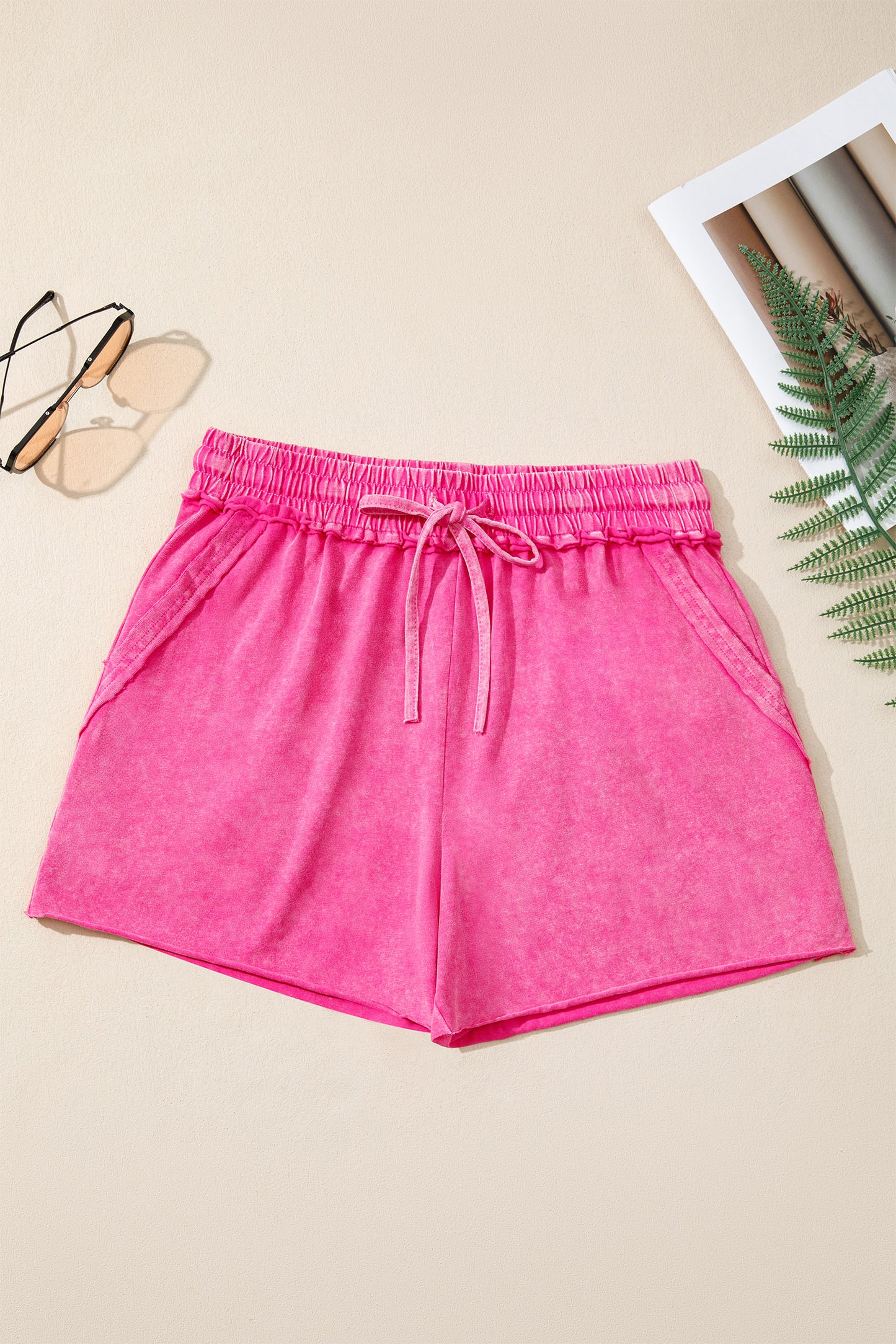 Rose Red Mineral Wash Lounge Shorts – Soft Drawstring Waist Casual Summer Fit