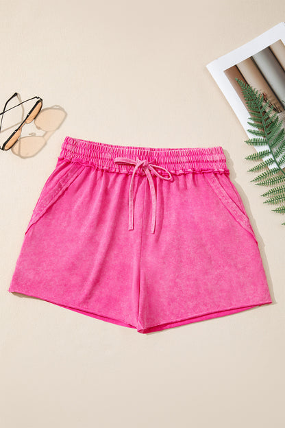 Rose Red Mineral Wash Lounge Shorts – Soft Drawstring Waist Casual Summer Fit