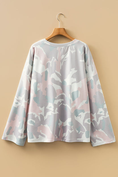 Plus Size Camo Print Long Sleeve Pullover – Drop Shoulder, Loose Fit, 1X–4X