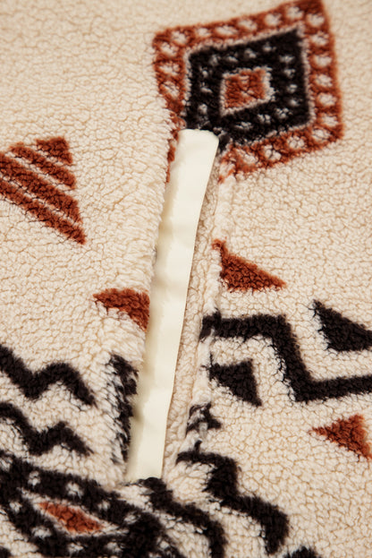 Beige Western Aztec Half Zip Plush Sweatshirt – Cozy Tribal Print Fleece Pullover for Women | Warm Boho Winter Jacket with Pockets