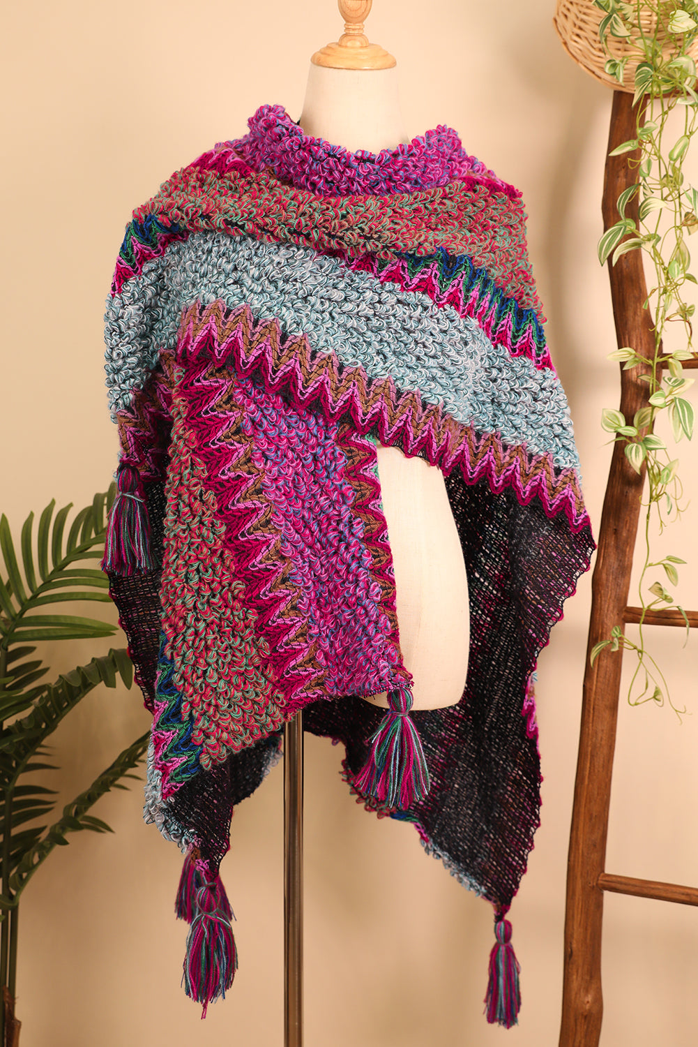 Rose Red Ethnic Tassel Knit Poncho