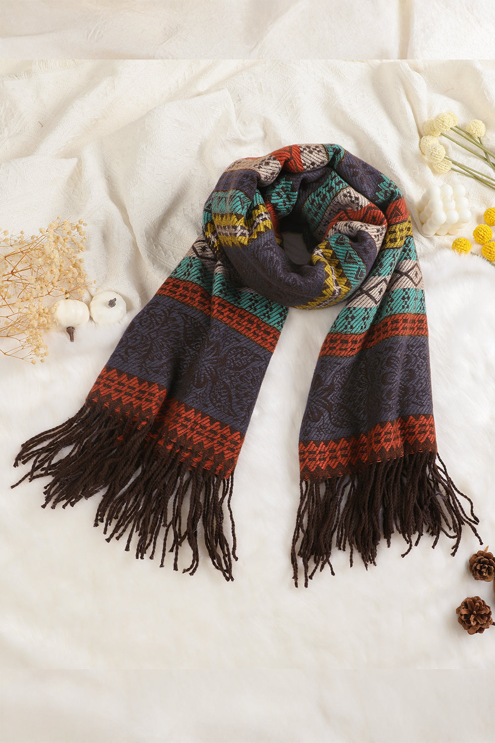 Light Blue Ethnic Print Tassel Trim Shawl Scarf