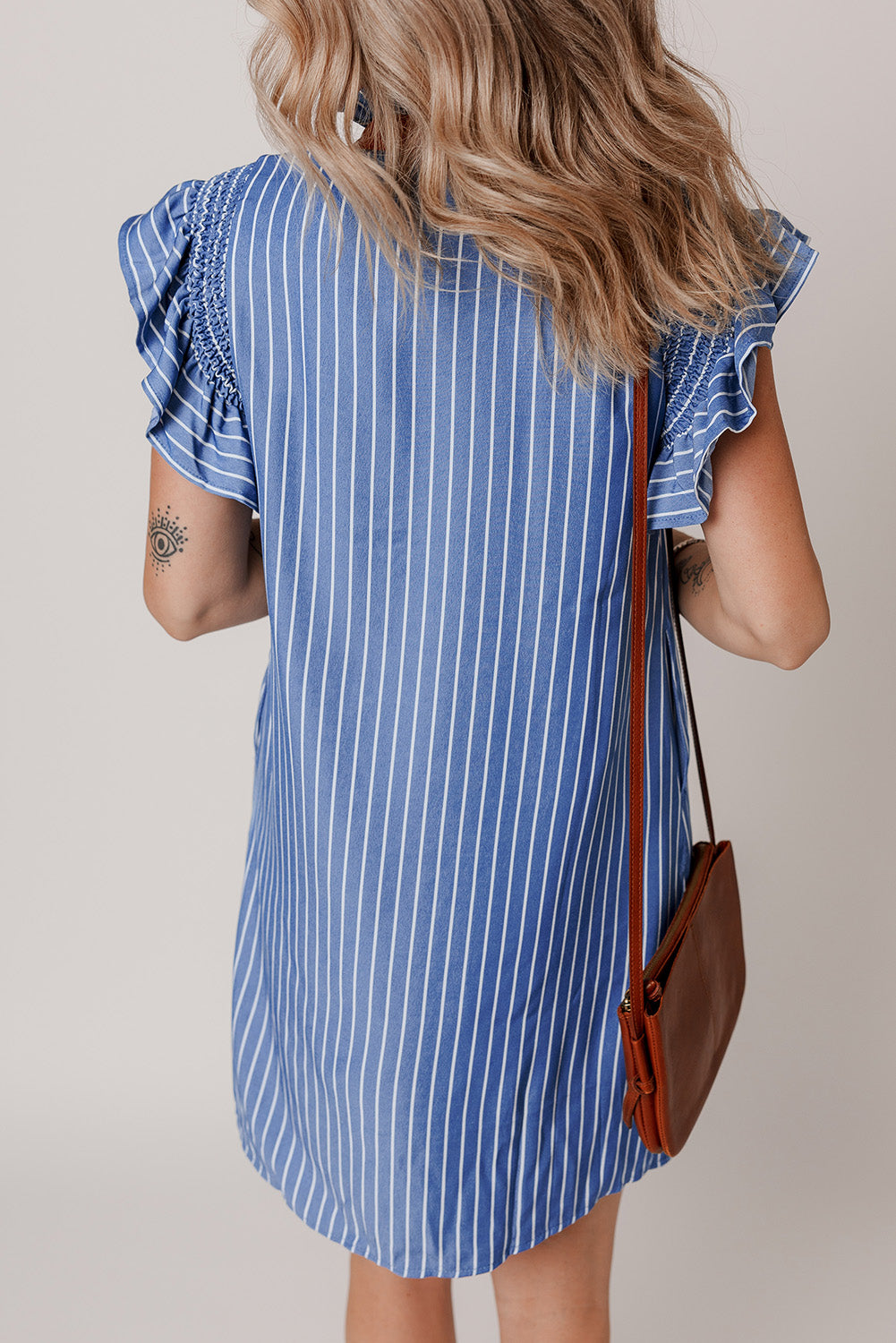 Sky Blue Stripe Frilly Split Neck Shirred Ruffle Sleeve Mini Shift Dress